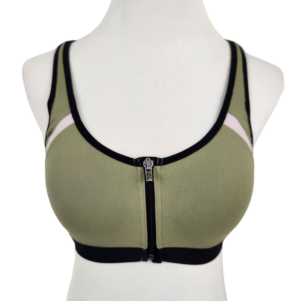 Victoria's Secret Knockout Sports Bra Women 32C Green Front Zip Racerback Sport‎